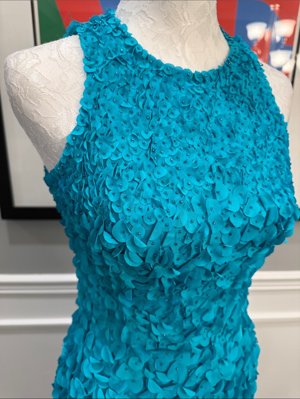THEIA Turquoise Blue Petal Applique Sleeveless Cocktail Dress Size 0 - Picture 3 of 15